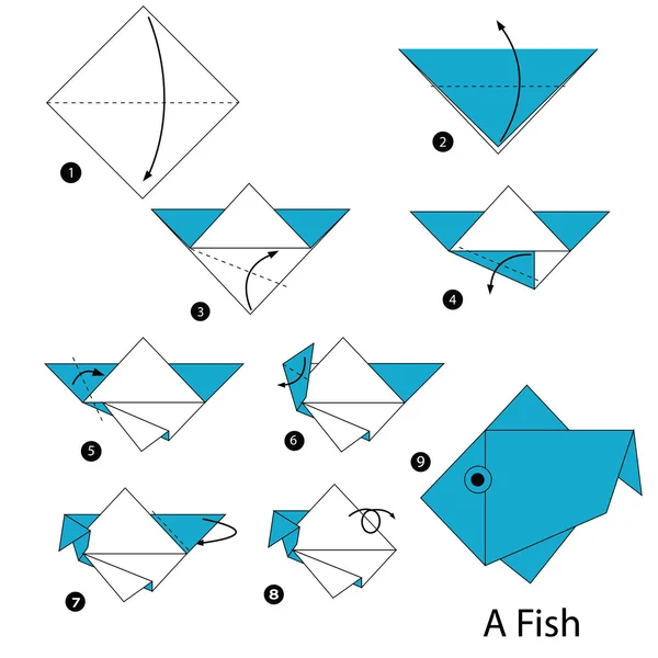 Schritt für Schritt Anleitung, wie man aus einem Origami einen Fisch macht — Stockvektor