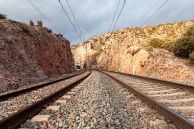 Yerden gelen raylar. Çift yönlü raylar, taşlarla. Kablolar üstümüzde. İzler, ağaç ve bitkilerle dolu taş duvarların arasından geçiyor. Bulutlu gökyüzü