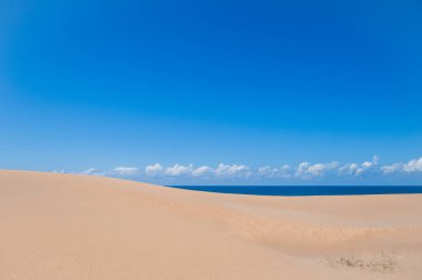 Deniz ufku ve küçük beyaz bulutlar çizgisi olan mavi gökyüzü olan kum tepeciklerine yakın çekim. Boşluk ve arkaplanı kopyalamak için resim