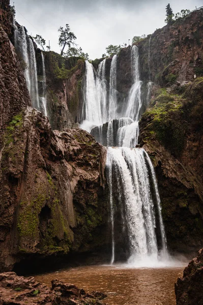 Alt kısımdan yüksek sesli şelaleler. Yağmurlu bir gün. Güzel ve yoğun bir su akışına sahip şelaleler.