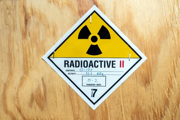 Radioactive material label beside the transportation wooden box Type A standard package