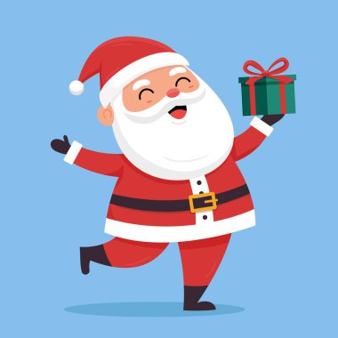 Neşeli Noel Baba mavi arka planda bir hediye kutusu tutuyor.