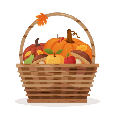 Sonbahar hasat sepeti meyve, mantar ve balkabağı dolu..