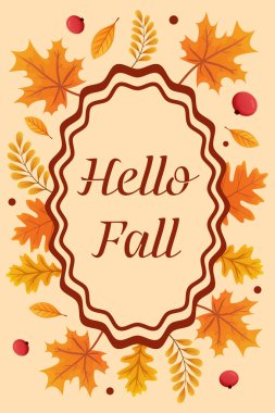 Renkli sonbahar illüstrasyonunda dekoratif çerçevede çeşitli yaprak ve meyveler sergilenerek sıcak ve davetkar bir sonbahar atmosferi yaratılıyor.
