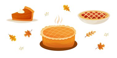 Balkabağı turtası, elmalı turta ve buharlı altın bir turta sunan, mevsimlik aromalı ve neşeli bir ortam sunan sonbahar tatlısı seti..