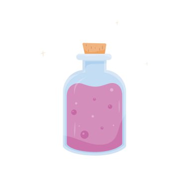 Mantar tıpalı pembe sıvı içeren bir cam şişenin tuhaf bir çizimi.