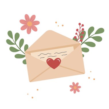 İçinde kalp mührü ve el yazısıyla yazılmış çiçekler ve yapraklarla çevrili açık bir zarf. Düz stil, romantizm.