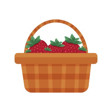 Yeşil yapraklı olgun kırmızı çileklerle dolu hasat sepeti, hasat ve tazelik kavramı.