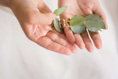 Nikah yüzükleri yeşil yaprak dalı tutan kadın