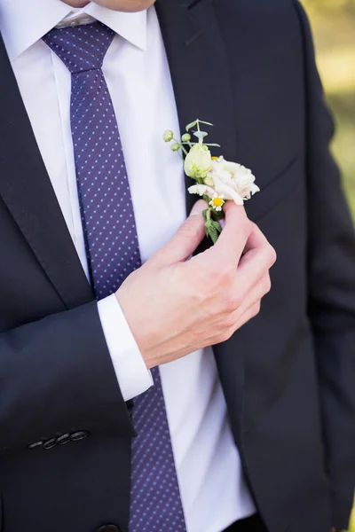 Close-up de noivo segurando boutonniere — Fotografia de Stock