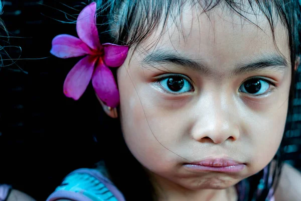 Маленькая Девочка Большим Розовым Цветком Ухом Красивый Азиатский Детский Портрет — стоковое фото
