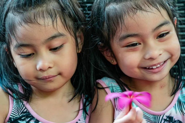 Belle Gemelle Bambine Con Fiore Rosa Mano Bella Asiatica Gemelli — Foto Stock