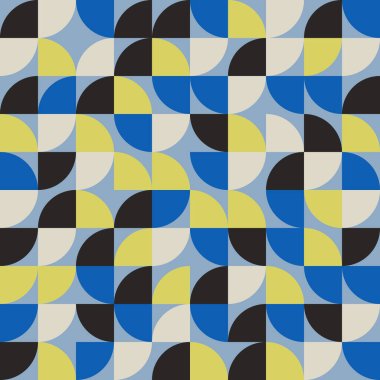 Yarı daireler, çeyrek daireler ve temiz kare modüllerden oluşan parlak modern geometrik soyut desen kusursuz bir tekrarlama düzeninde düzenlenmiştir. Resimde yumuşak bir açık mavi üzerine koyu mavi, sarı, siyah ve krem renkleri yer alıyor.