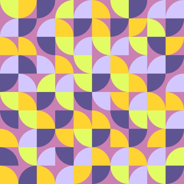 Yarı daireler, çeyrek daireler ve modüler fayanslardan oluşturulan kusursuz, tekrarlanmayan bir yapıya yerleştirilmiş nazik bir pastel geometrik soyut desen. Palet yatıştırıcı menekşe, yumuşak lavanta, sıcak sarı ve taze limon tonlarını sessiz pembe bir renkte karıştırır.