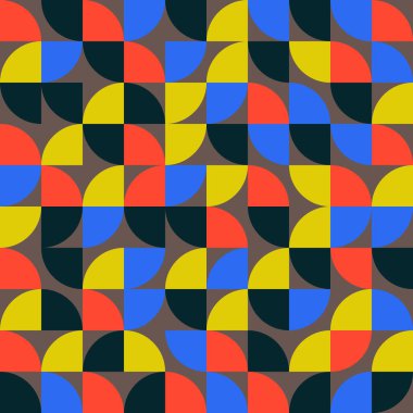 Modern, pürüzsüz bir düzende düzenlenmiş yarım daireler ve çeyrek daireler ile oluşturulmuş zarif geometrik soyut bir desen. Sıcak renk paleti, sarı, turuncu-kırmızı, koyu mavi ve koyu mavinin tonlarını sessiz kahverengi bir arka planda birleştirir.