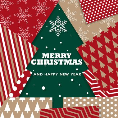 Dekoratif tatil desenleri kolajıyla çevrili koyu yeşil bir Noel ağacı siluetinin yer aldığı şık ve şenlikli bir Noel tebrik kartı. Tasarım, kar taneleri, çizgiler, puantiyeler, ch gibi kırmızı, bej ve beyaz kış motiflerini içerir.