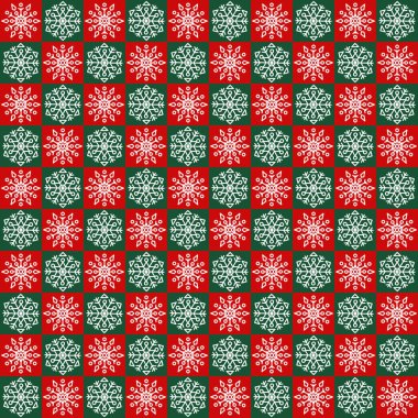 Alternatif kırmızı ve yeşil kareler üzerinde düzenlenmiş zarif beyaz kar taneleri içeren şenliksiz bir kareli desen. Temiz geometrik düzen sıcak bir tatil ortamı yaratıyor. Bu tasarım Noel hediyesi paketleme, tekstil ve dev için mükemmel.