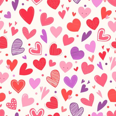 Rengarenk elleri, çeşitli şekillerde kalpleri, dokuları ve hafif arka planda stilleri olan hoş, pürüzsüz bir desen. Ambalaj kağıdı, tekstil, duvar kâğıdı, kırtasiye, yüzey tasarımı, arka plan, kumaş için uygun oyuncu romantik illüstrasyon
