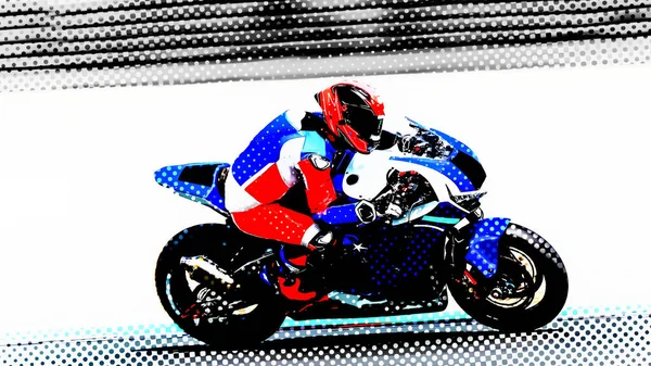 レース中の赤と青のレースバイクのポップアートレトロなスタイルのイラスト — ストック写真