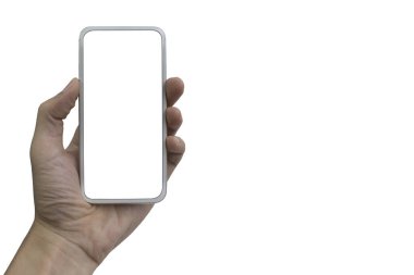 El ele tutuşan cep telefonu beyaz arkaplanda izole edildi