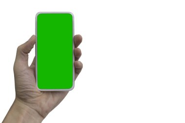 El ele tutuşan mobil yeşil ekran beyaz arkaplanda izole