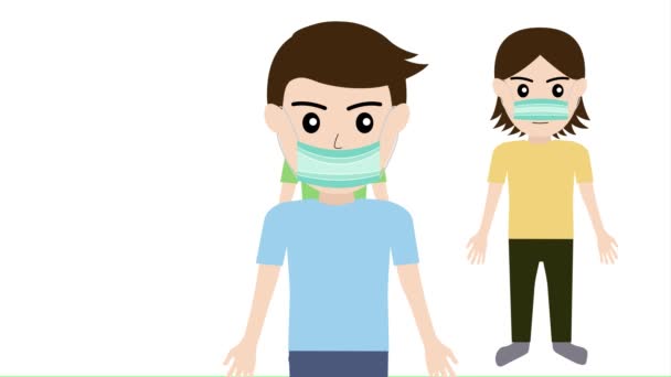 ウイルスを防ぐためのマスクの着用方法や コロナウイルスを防ぐためのマスクを着用した病気の社会的距離 ウイルスから守るための感染リスクや病気の距離を保つ方法 — ストック動画