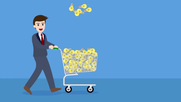 Animación Hombre Negocios Comprar Ideas Con Carrito Compras — Vídeos de Stock