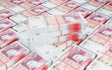 50 pound 'luk banknot yığını. 3B görüntüleme
