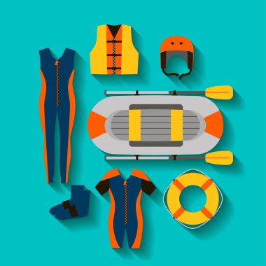 Kavramsal kutsal kişilerin resmi içinde düz stil rafting için ayarla. vektör çizim