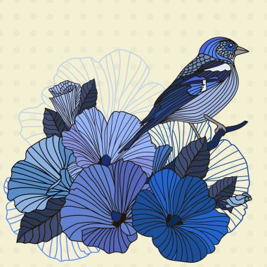 Vintage vektör çizim çiçek ile bir kuş 