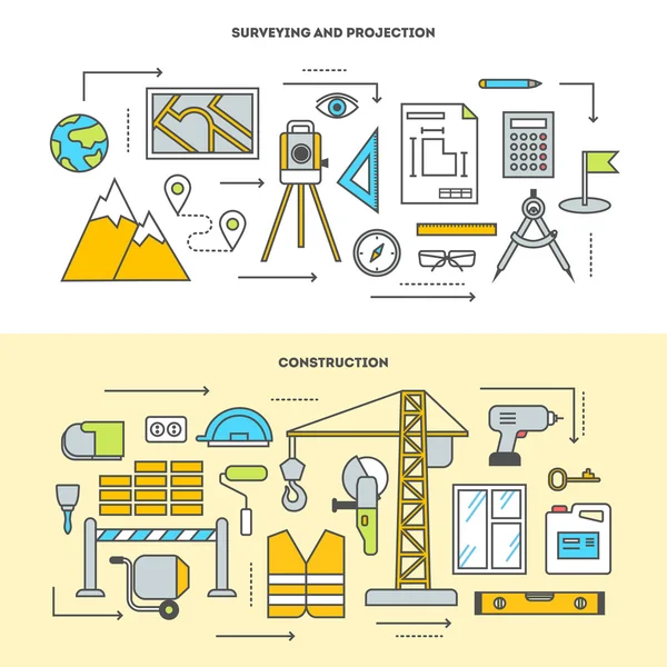 Konceptuella Ikonuppsättning för byggnation i platt stil. Vektor illustration — Stock vektor