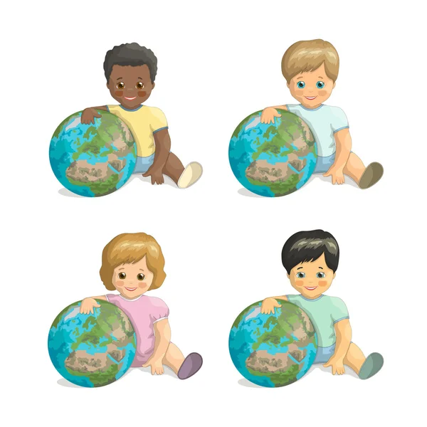 Vektor děti různých ras, objímání planety. Přátel den — Stockový vektor