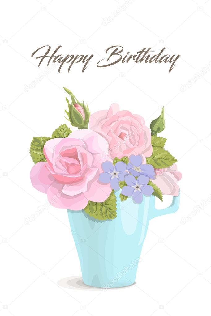 Happy Birthday Vintage Flowers Vintage Romantic Card Flowers In Cup Happy Birthday Vector Illustration Stock Vector C Tana Krivich