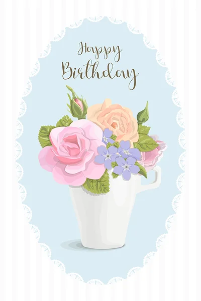 Vintage romantic card flowers in cup on Happy birthday, vector illustration. — Stock Vector