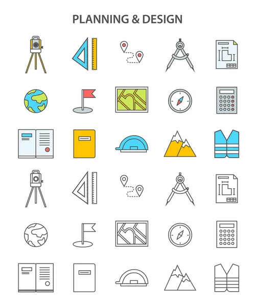 Flat line conceptual stages set icons, objects and tools planning and design. — Stock Vector