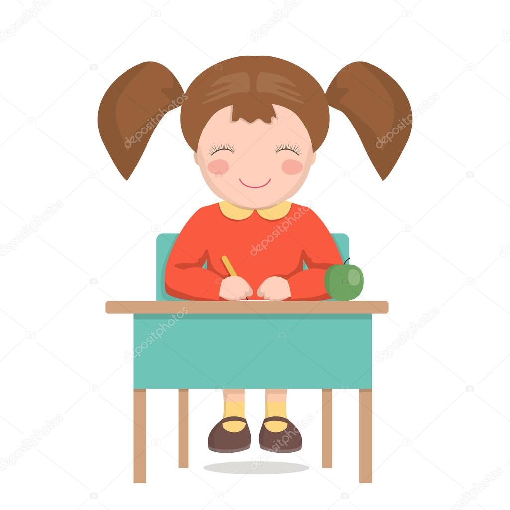 School Girl Sitting At The Desk Isolated Stock Vector