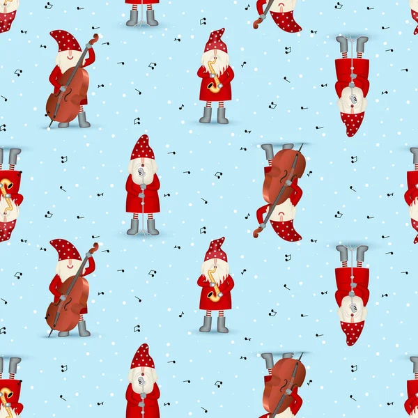 Seamless symmetric pattern nisse musician Santa Claus, Christmas motive in red coat — Stock Photo, Image