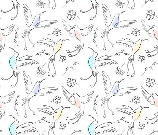 Les colibris volent au-dessus des fleurs dans le style croquis et les taches pastel une ligne — Image vectorielle