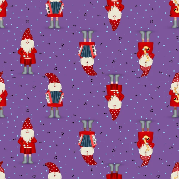 Seamless symmetric pattern nisse musician Santa Claus, Christmas motive in red coat — Stock Photo, Image