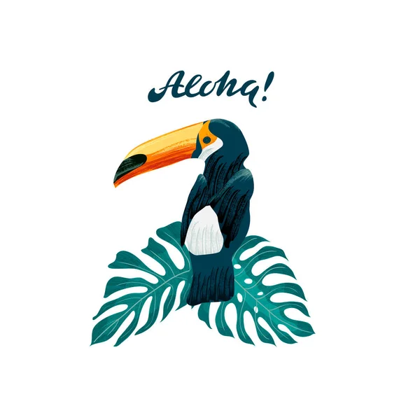 Un toucan lumineux se cache dans la jungle sous les palmiers et les fleurs. — Image vectorielle
