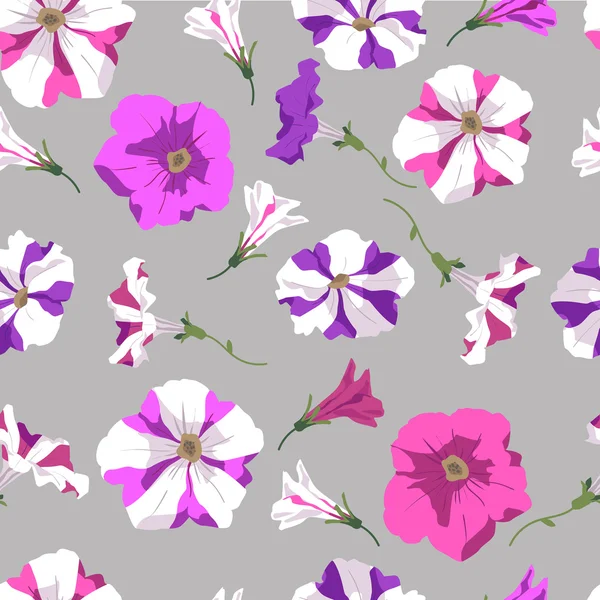 Naadloze textuur van petunia bloemen op een grijze achtergrond. Vectorillustratie — Stockvector