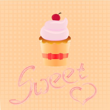 Kek Dükkanı logosu, pembe krema ve şerit, retro tatlı amblemi şablon tasarım öğesi ile tatlı kek. 