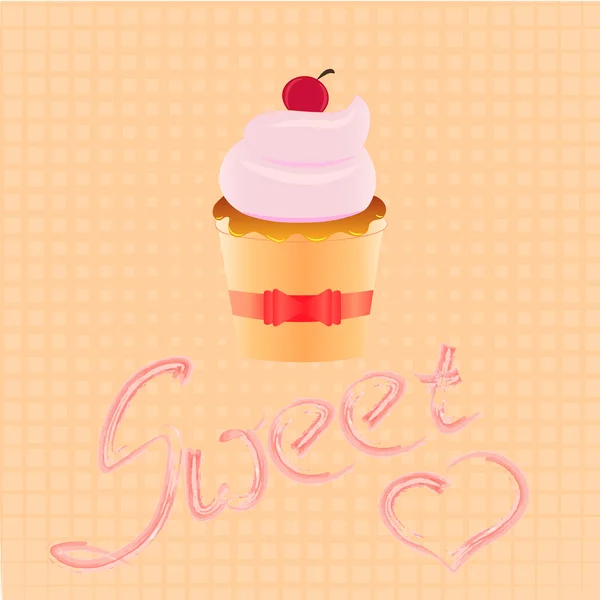 Logo du magasin de gâteaux, cupcake sucré avec crème rose et ruban, élément de conception de modèle emblème dessert rétro . — Image vectorielle