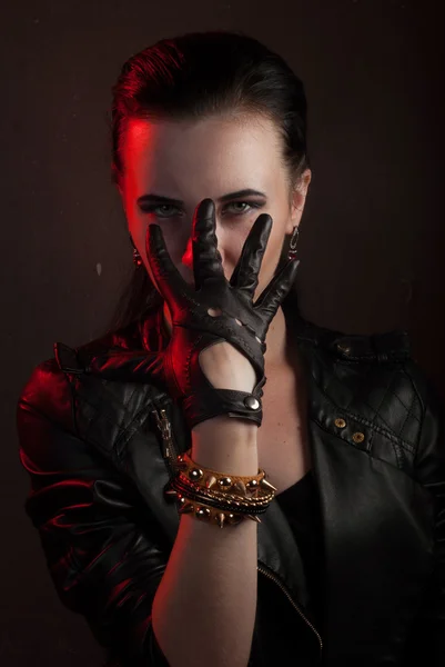 Girl in a black leather jacket, the image of vampire on Halloween, — Stock Photo, Image