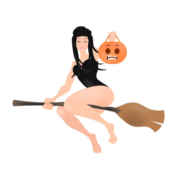 半裸骑着扫帚飞行的女巫, — 图库矢量图片