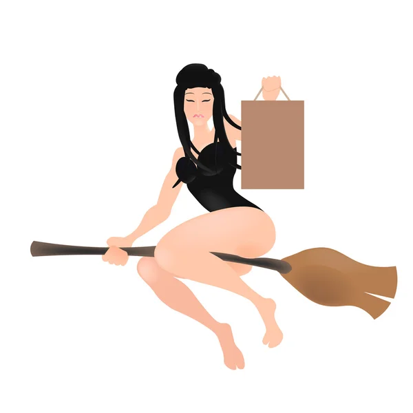 半裸骑着扫帚飞行的女巫, — 图库矢量图片