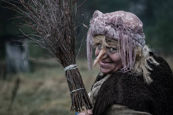 Baba yaga retrato, una bruja con una escoba, Fotos De Stock