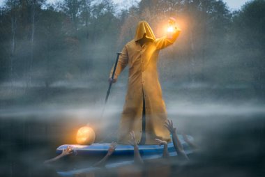 man on a paddle board in a yellow raincoat, photo art charon and the river Styx