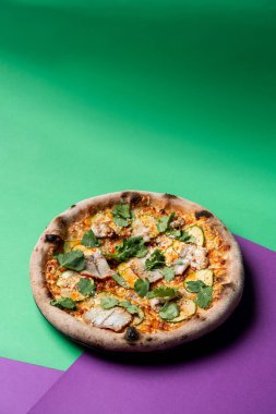 Alabalık fileto ve maydanozlu deniz ürünleri gurmesi pizzası, üst manzara, yumuşak ışıkla çekilen stüdyo resmi.