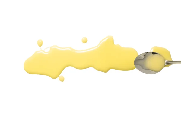 Splashes and spilled condensed milk with a spoon — Stock Photo, Image